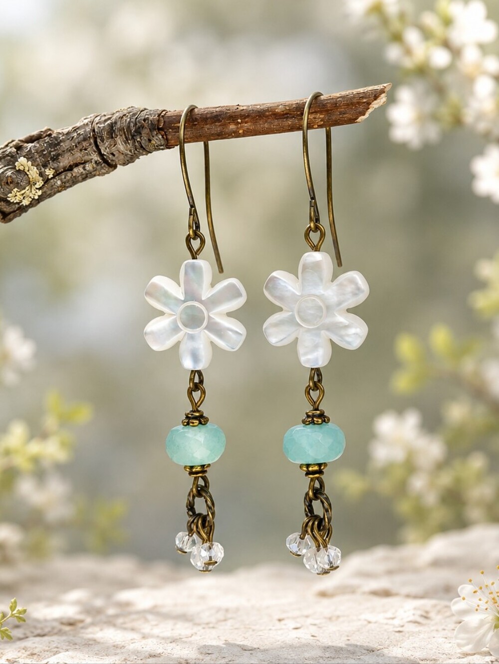 Mother of Pearl Daisy Flower Earrings Aqua Quartzite Artisan Handcrafted